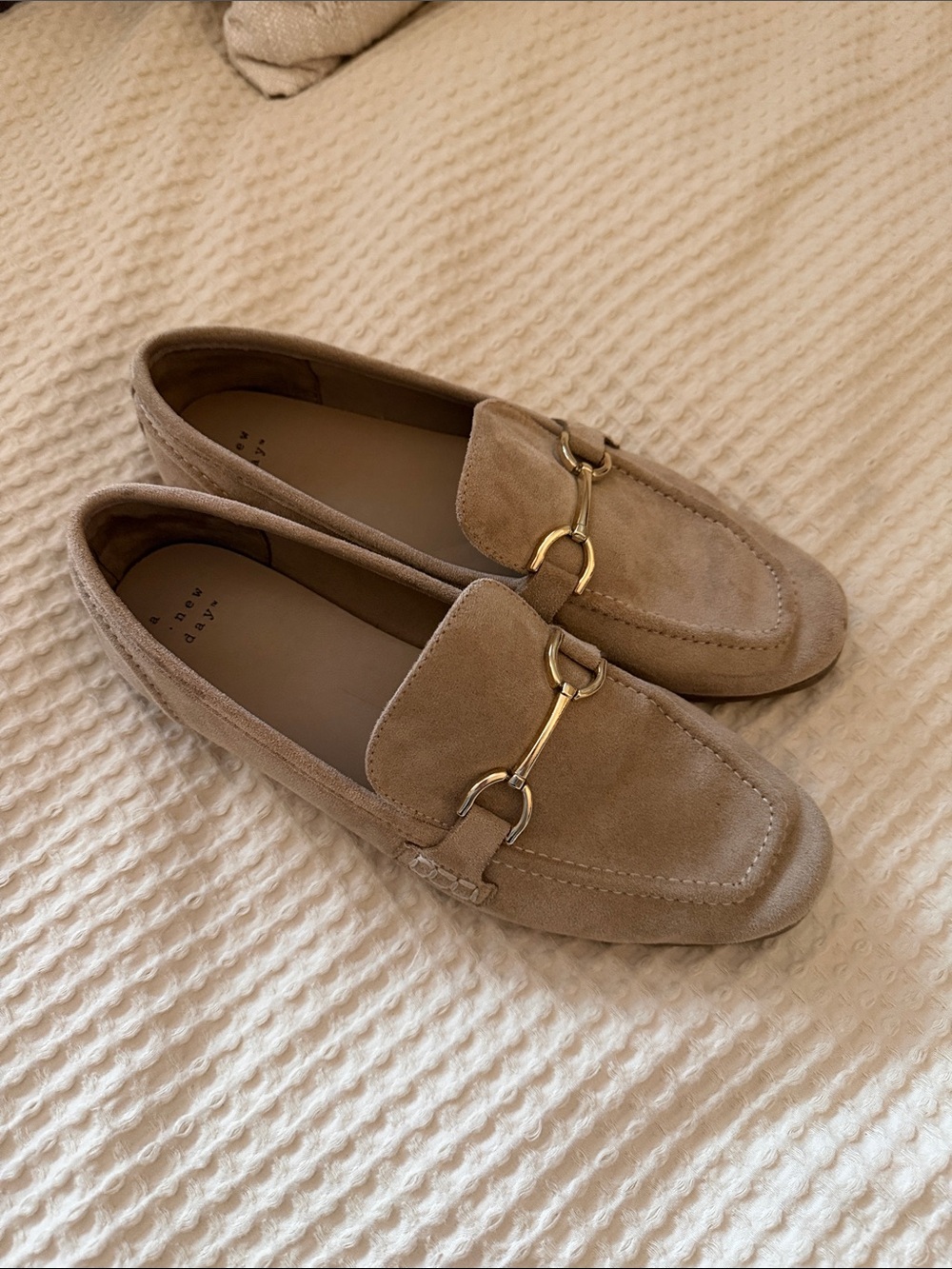 A new day light tan suede horse bit loafers